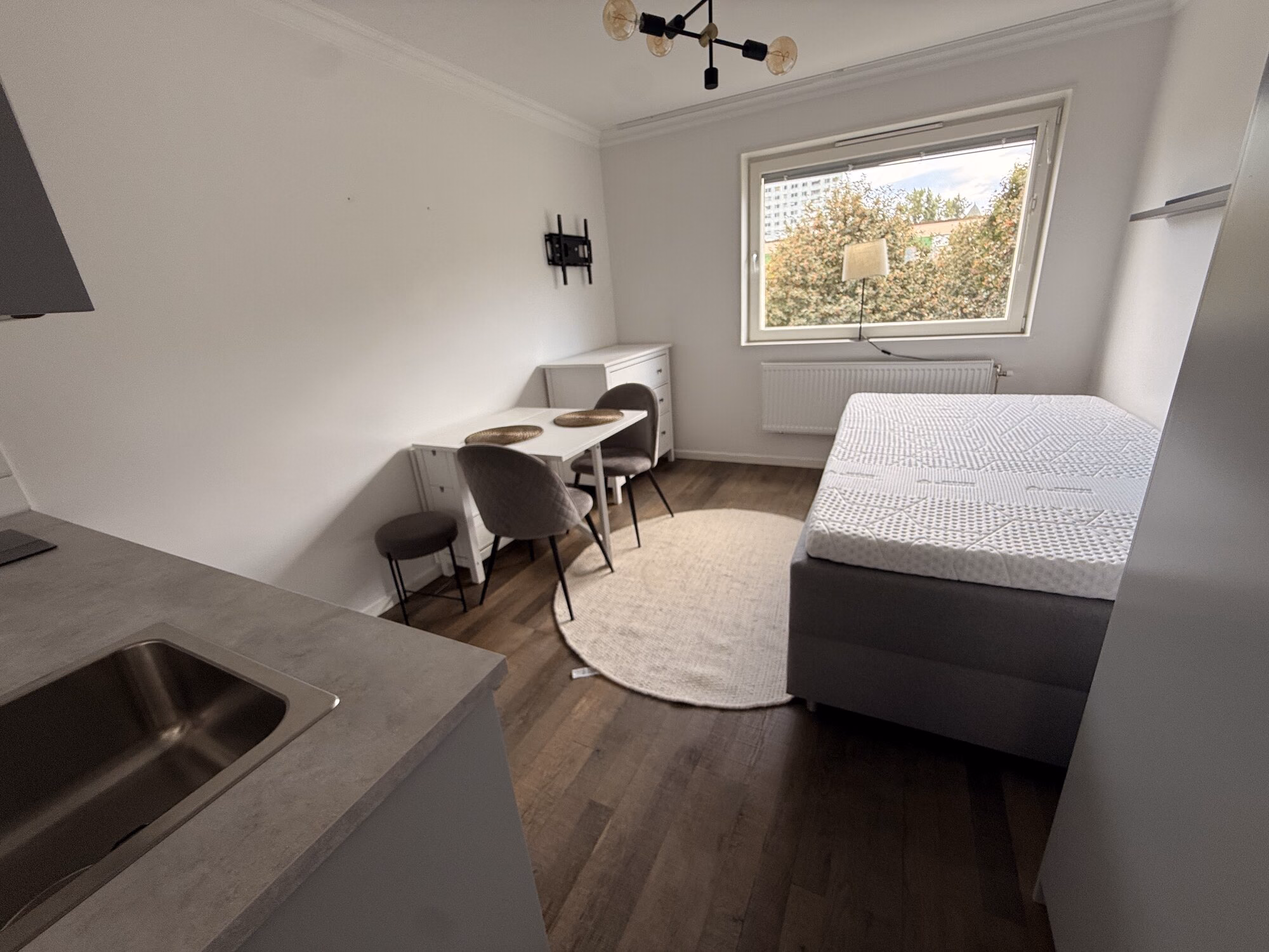 Städad enrumslägenhet med säng, litet matbord och rund matta i dagsljus